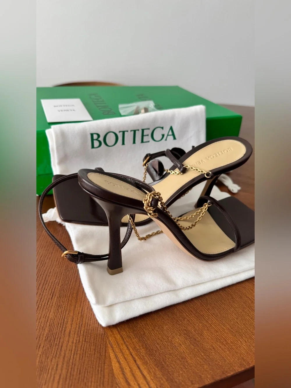 Bottega Veneta Dark Brown Leather Heeled Sandals with Gold Chain